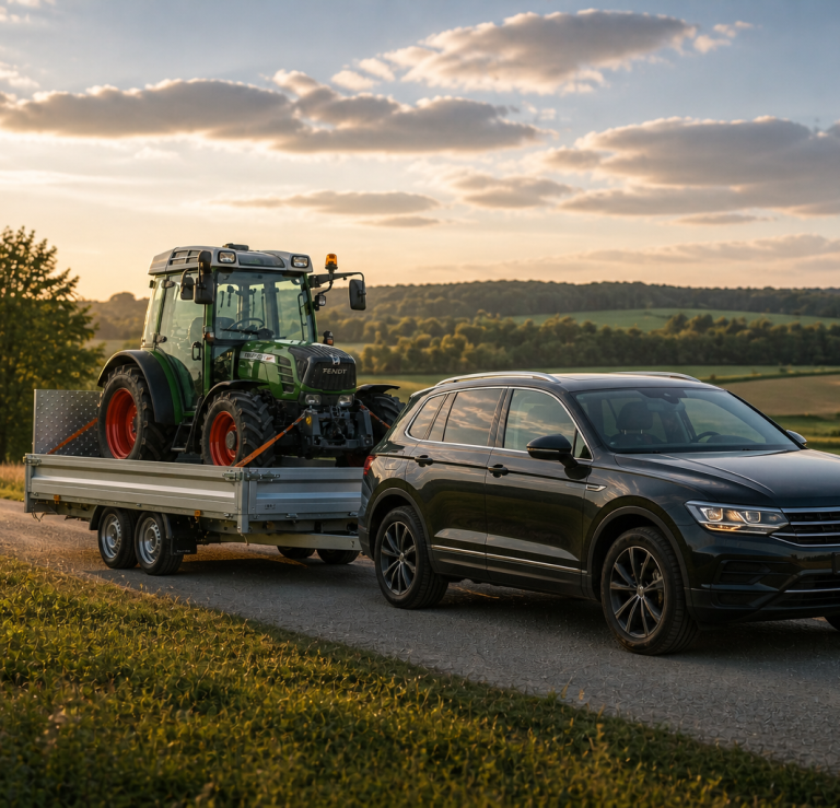 Transport von einem Fendt Vario mit Humbaur Anhänger und Touareg